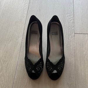 Stuart Weitzman Black Lace Peep-Toe Heels